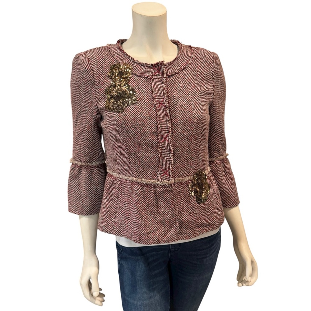BCBG Max Azria Herringbone Tweed Sequin Floral Bell Sleeve Peplum Blazer